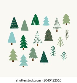 Christmas tree illustration set, Vector hand drawn elements