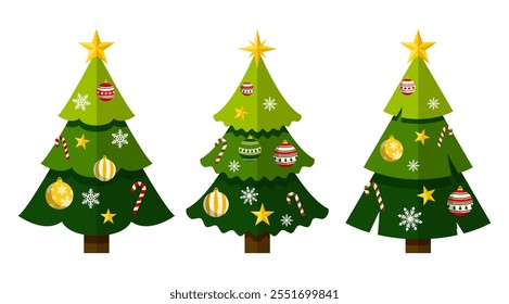 Árvore de Natal ilustração vetor conjunto com elementos de decoração em fundo branco, Xmas elementos gráficos design, Festivo estilo pictograma plano para cartão de saudação e cartaz, estoque de vetor (editável)