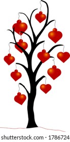 Christmas tree image with red heart ornaments, vector illustration