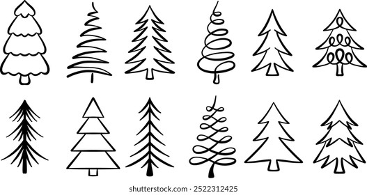 Christmas tree ink doodles, flat holiday illustration, cute icon set, isolated
