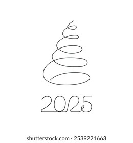Christmas tree and inscription 2025 drawn in one continuous line. Greeting banner or postcard. Minimalist black linear sketch with color spots. Vector illustration.
