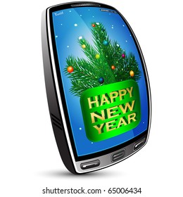 Christmas tree and inscription green color located on the display of the modern mobile phone