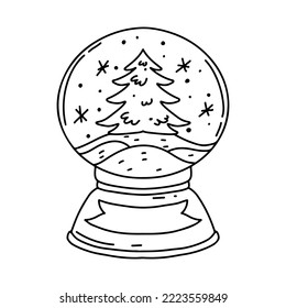 Weihnachtsbaum in einem Weihnachtsglasball. Weihnachtsschneeball mit Schneeflocken im handgezeichneten Doodle-Stil. Element des neuen Jahres.