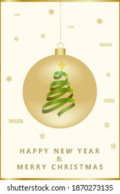 Christmas tree inside a transparent glassy golden ball against a background of snowfall and falling numbers 2020. Realistic 3d decorations on a cream background. Banner, postcard, mockup for design.