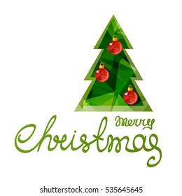 Christmas tree isolated on green polygonal background. Design element for greeting cards or flyers. Xmas illustration.