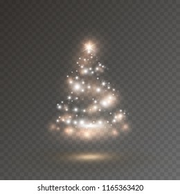 Christmas tree isolated on transparent background. Vector magic xmas tree with golden lights, white flares and glowing stars template.