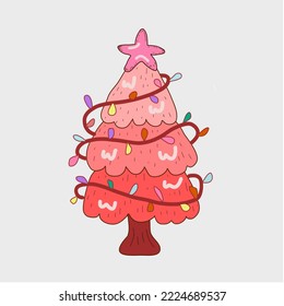 Árbol de Navidad aislado en fondo blanco. cita navideña, invierno feliz, caricatura adecuada para, impresión, sublimación, camisa, postal, imprimible, papelería, niños, etc.