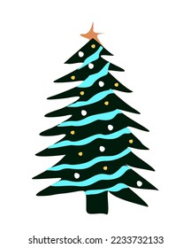 Weihnachtsbaum einzeln auf weißem Hintergrund. Fische, Kiefer oder Fichtenholz, die mit Stars und Bausteinen von Weihnachtsmannschaften dekoriert sind. Winter Nadelwald Holiday Vektorgrafik handgezeichnet im Doodle-Stil.