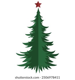 Christmas tree isolated on white. Paper tree decorated with red star. Christmas decoration. Vector illustration.