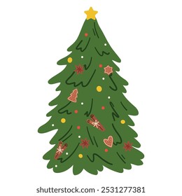 Christmas tree isolated on white background. Christmas tree with toys. Christmas decorations. Vector illustration in doodle style.