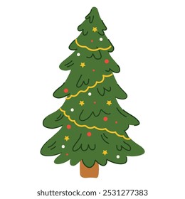 Christmas tree isolated on white background. Christmas tree with toys. Christmas decorations. Vector illustration in doodle style.