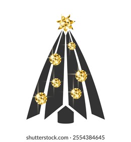 Christmas tree isolated on white background. Silhouette of Xmas pine tree with golden Christmas balls. Christmas tree icon. Minimalist art for card, poster, background. Flat sign for New Year. Vector