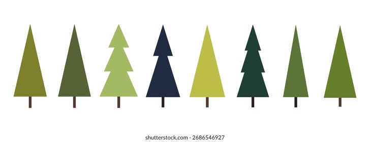 Árvore de Natal isolada em um fundo branco, conjunto de ícones, vetor, design plano. Um elemento festivo para decorações, cartazes, postais. Design simples moderno minimalista em tons verdes na moda