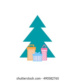 Christmas Tree Isolated on White, Gifts near a Christmas Tree, Vector Illustration 