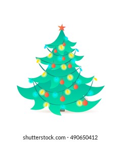 Christmas tree isolated on white background. Vector illustration. Cartoon style