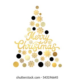 Christmas tree isolated on white background with gold glittering texture hand lettering design. Stylish Xmas card with golden circles and snowflakes. Seasons greetings vector card. Font illustration.