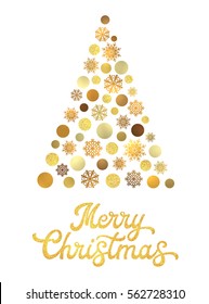 Christmas tree isolated on white background with gold glittering texture hand lettering design. Stylish Xmas card with golden circles and snowflakes. Seasons greetings vector font illustration.
