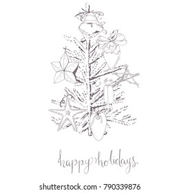 Christmas tree isolated on white and phrase Happy holidays