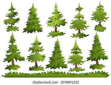 Christmas tree isolated set on white background. Collection evergreen coniferous trees pines and bushes. Vector illustration forest landscape.