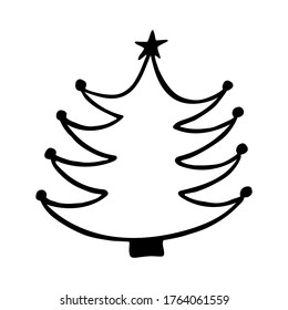 Árbol de Navidad, simple ilustración de vector dibujada a mano aislada en forma de doodle en blanco y negro 