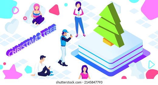 Christmas tree isometric design icon. Vector web illustration. 3d colorful concept