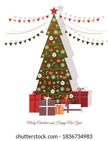Christmas tree with jewelry, garlands, star and gift boxes. Holiday card in a flat style on a white background. Merry Christmas and Happy New Year. Stoke vector illustration.