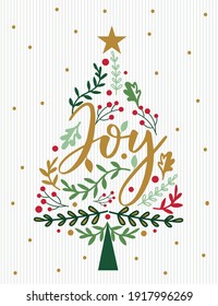 Christmas Tree With Joy Letter And Holly Leaf Pattern