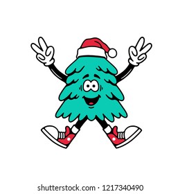 CHRISTMAS TREE JUMPING WITH PEACE SIGN CARTOON WHITE BACKGROUND