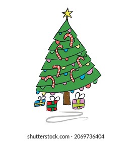 Christmas tree kids drawing  Nursery cartoon fir  Isolated simple image  Colorful pencil drawing  Vector illustration