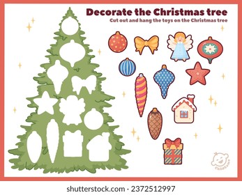 Christmas tree kids game. Childish puzzle. Educational riddle. Finding right object by silhouette. Brain teaser. Worksheet design. Connecting Xmas fir with toys. Recent