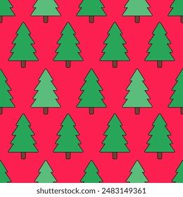 Christmas tree kids seamless vector pattern design on red background