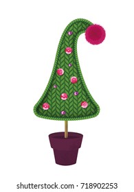 Christmas tree of knitted fabric isolated on white background. Christmas tree of green knitted thread decorated with pink pom-pom, sequins and beads. Vector illustration.