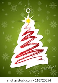 Christmas tree label hanging on rope with green background