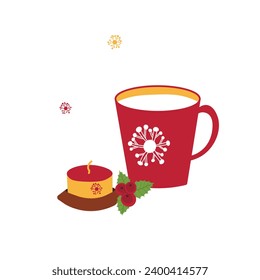 The with Christmas tree with landscape, cup, candles, snowflakes. Winter illustration for fabric, textile wallpaper, posters, gift wrapping paper. Merry Christmas and New year Vector.