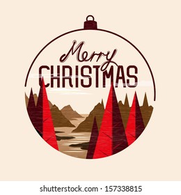 Christmas tree landscape with merry christmas message. Vector Illustration.