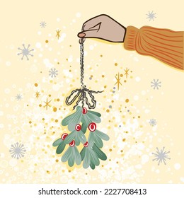 Christmas tree with lanterns in hands, holiday card in warm colors, flat style
