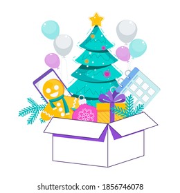 Christmas tree in a large box with gifts and sweets. Office Christmas Party flat vector card.
