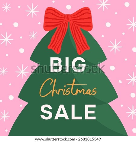 Christmas tree with a large red bow, a template for advertising a big Christmas sale. Banner with a discount on holiday shopping. Vector.