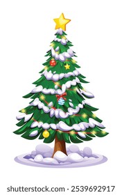 Christmas tree with layered snow, red ornaments, and yellow lights. Vector cartoon illustration