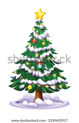 Christmas tree with layered snow, red ornaments, and yellow lights. Vector cartoon illustration