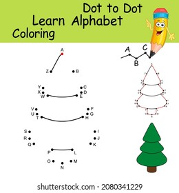 Christmas Tree. Learning the uppercase letters of the English alphabet with cartoon New Year pine or fir. Dot to dot game with letters for kids. Winter symbol. Worksheet for practicing alphabet.