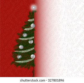 Christmas tree letterhead background vector. Red background with snow and half pine tree with Christmas balls and star on top. Space for text.