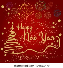 Christmas Tree with Lettering Composition Happy New Year and golden Stars, vector illustration.
