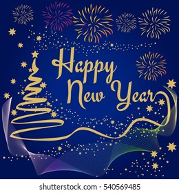 Christmas Tree with Lettering Composition Happy New Year and golden Stars, vector illustration.
