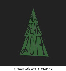 Christmas tree and lettering isolated on a black background. Creative vector illustration. 2017. Happy New Year and Merry Christmas. For prints. For cards. For invitations.