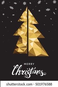  Christmas tree and lettering. Xmas greeting card template with low poly  triangle golden  fir  on black background. Vector illustration in origami style.