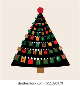 Christmas tree with letters garland. Vector Christmas greeting card. Vector illustration.