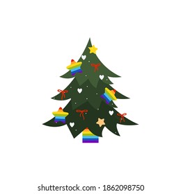 Christmas tree with lgbt elements in orange colors in flat style isolated. Vector stock illustration