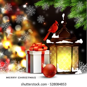 Christmas tree light background. Vector on dark with snow and standing street light and red bird cardinal and gift