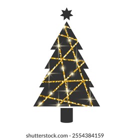 Christmas tree light. with light, glitter, sparkles. Xmas tree with light, glitter, sparkles. Festive fir tree with golden elements. Modern design for New Year. Christmas tree icon. Vector 